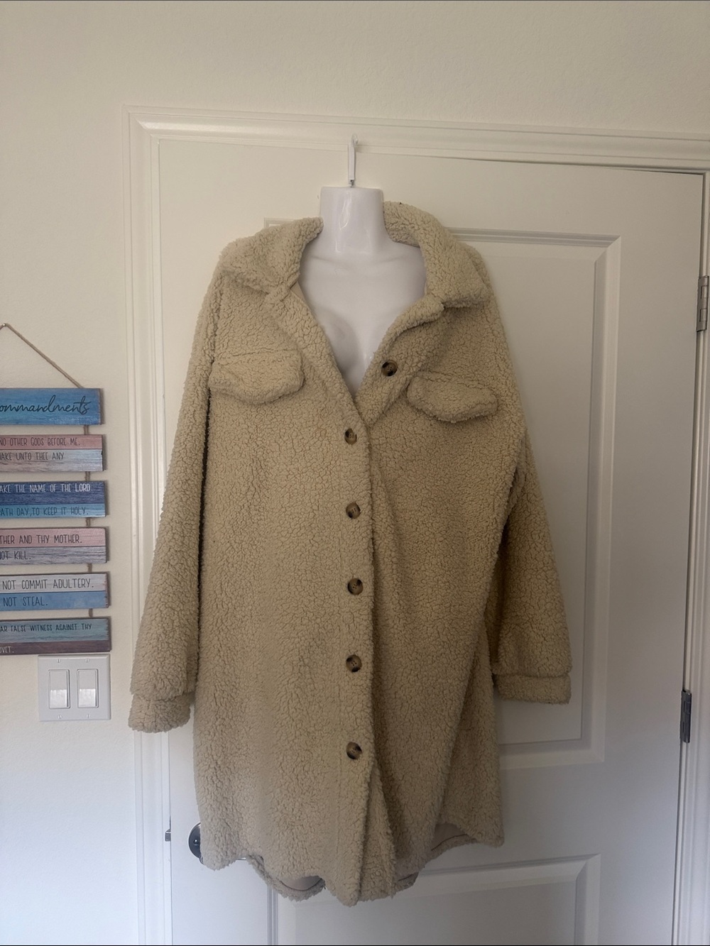 Women's cream Teddy Sherpa Jacket - Cozy Button-Front Coat 2X